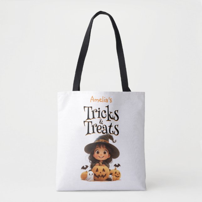 Cute Cartoon Witch Ghosts Pumpkins Trick & Treat Tote Bag (Front)