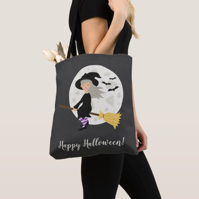 Cute Cartoon Witch Girl & Happy Halloween Text Tote Bag (Close Up)