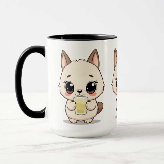 Cute Cartoon with Adorable Dog Holding a Drink Mug (Left)