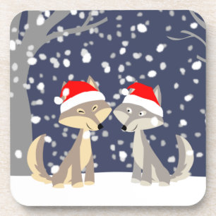 Cute Cartoon Wolves at Christmas Set of Coasters
