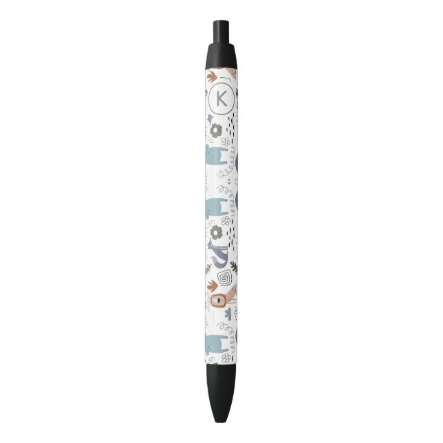 Cute cartoon woodland animals pattern monogram black ink pen (Front Vertical)