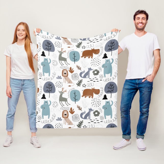 Cute cartoon woodland animals pattern monogram fleece blanket (In Situ)