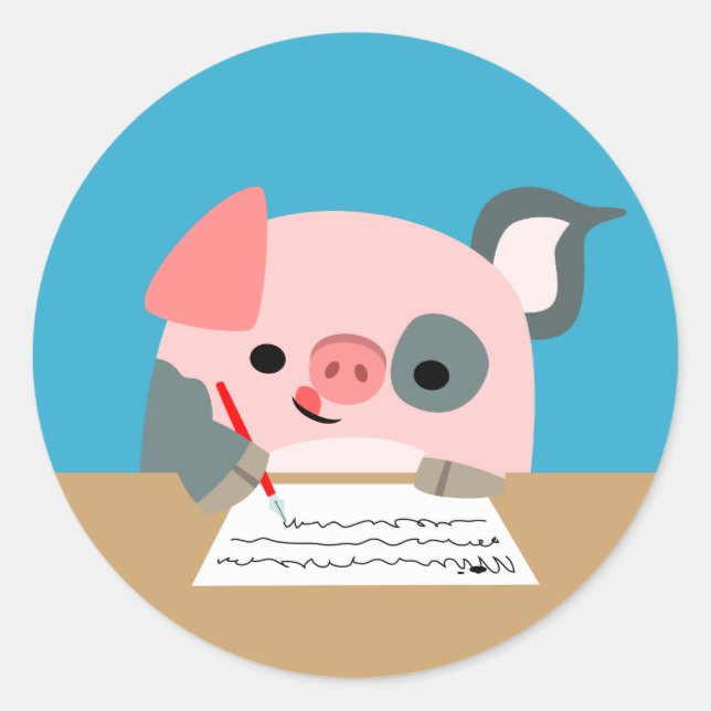 Cute Cartoon Writing Pig Sticker (Front)