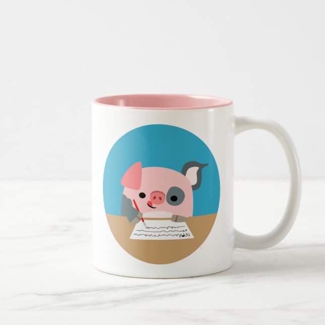 Cute Cartoon Writing Pig Two-Tone Coffee Mug (Right)