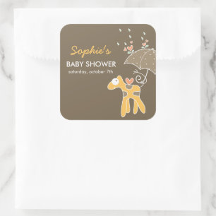 Cute Cartoon Yellow Giraffe & Umbrella Baby Shower Square Sticker