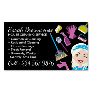 Cute Cartoon Yellow House Cleaning Service Maid Magnetic Business Card