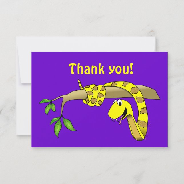 Cute Cartoon Yellow Snake in a Tree Reptile Thank You Card (Front)