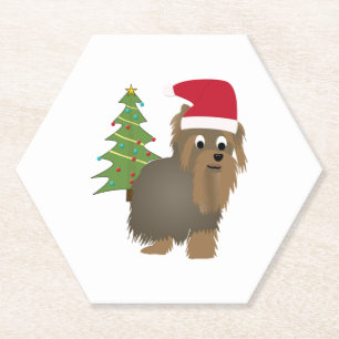 Cute Cartoon Yorkshire Terrier in a Santa Hat Paper Coaster