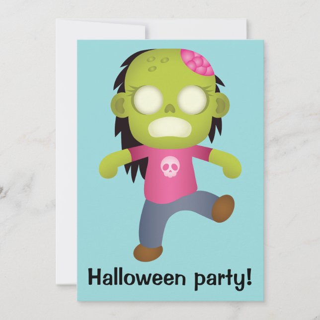 Cute Cartoon Zombie Girl Halloween Party Invitation (Front)