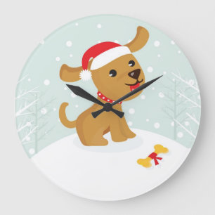 Cute Cartoone Christmas Puppy Large Clock