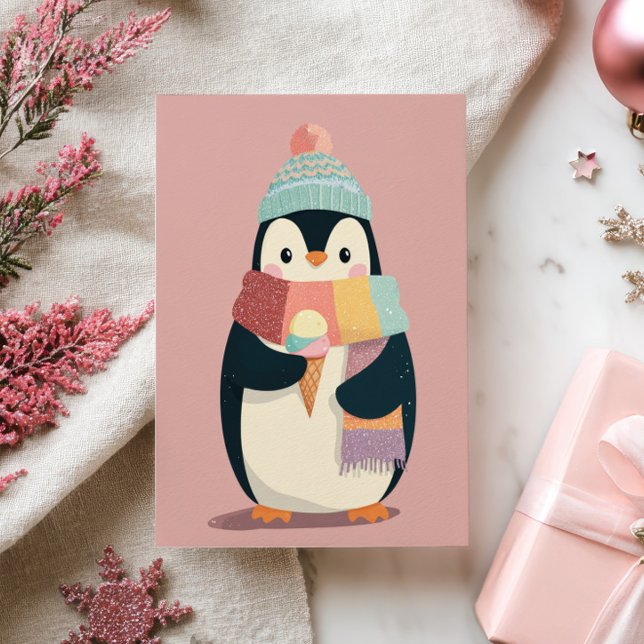 Cute Cartoony Penguin Eating Ice Cream New Year Postcard (Creator Uploaded)