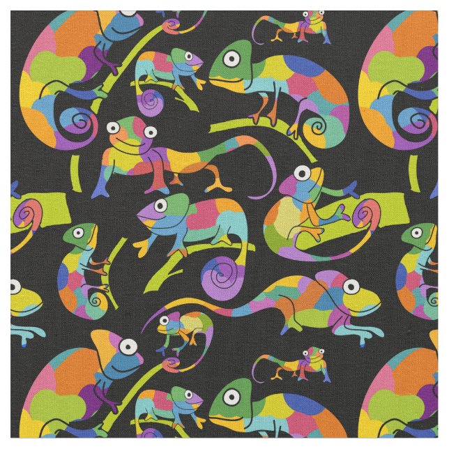 Cute Cartooon Chamelons Bright Colours on Black Fabric (Close Up)