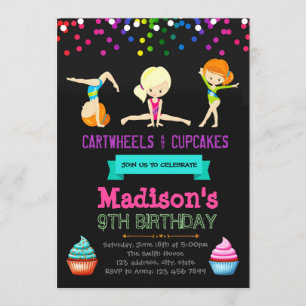 Cute cartwheels and cupcakes birthday invitation