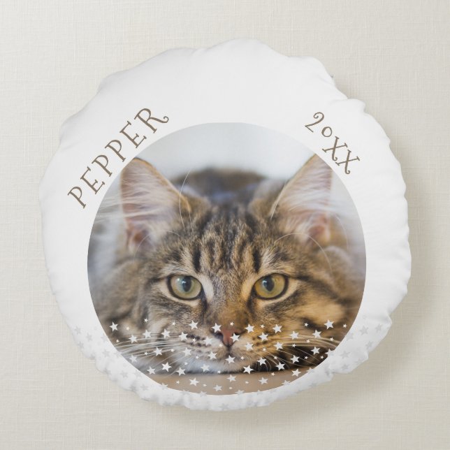 Cute Cat 2 Photos Star Pattern Christmas Round Cushion (Back)