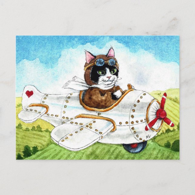 Cute cat aeroplane travel Bon Voyage postcard (Front)