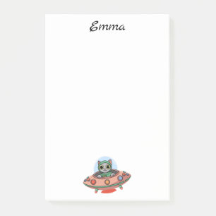 Cute Cat alien & UFO spaceship, Custom Name Post-it Notes