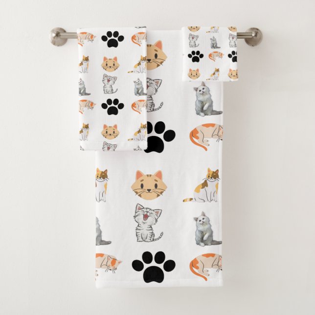 Cute cat all over print bath towel set (Insitu)