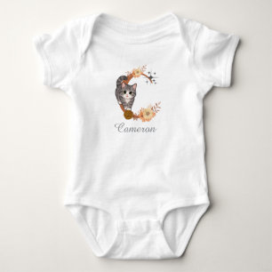 Cute Cat Alphabet Letter C Floral Baby Bodysuit