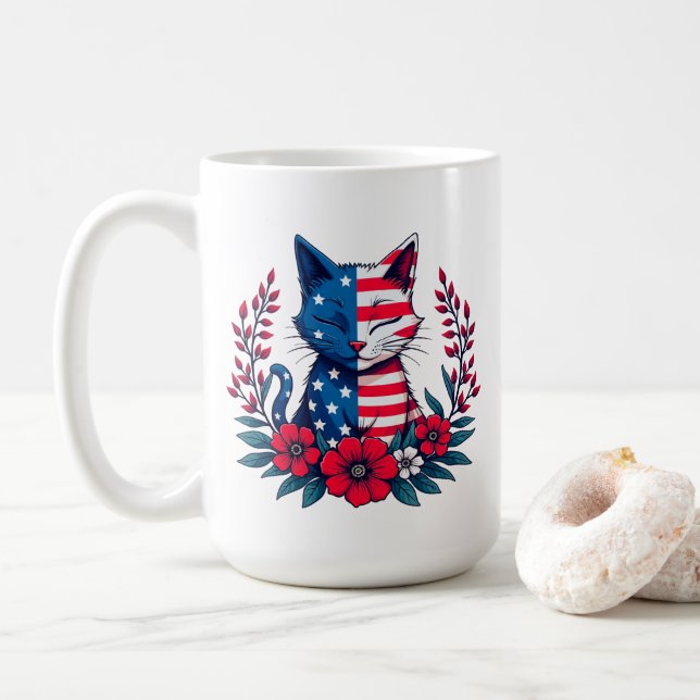 Cute Cat American Flag and Red Flowers Patriotic  Coffee Mug (With Donut)