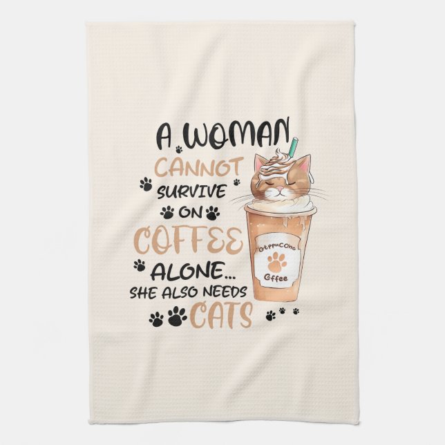 Cute cat and a Cup of Coffee Tea Towel (Vertical)