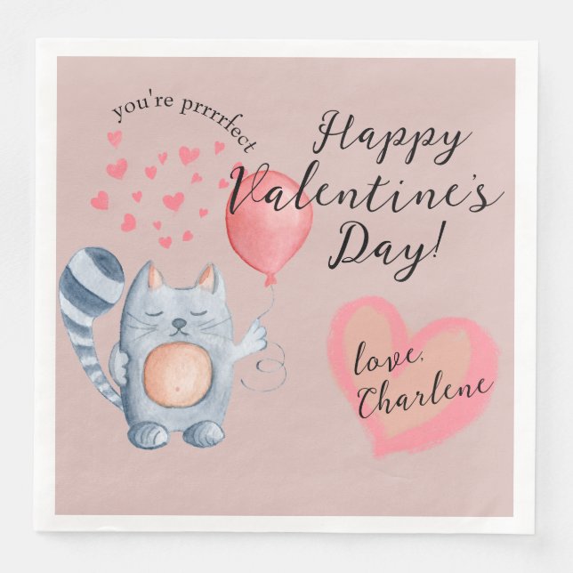 Cute Cat and Balloon Valentine's Day Napkin (Front)