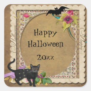 Cute Cat and Bat Vintage Halloween Square Sticker