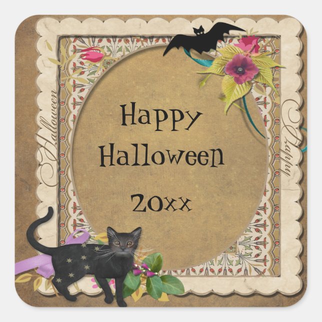 Cute Cat and Bat Vintage Halloween Square Sticker (Front)