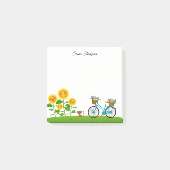 Cute Cat And Bicycle With Basket Of Flowers Post-it Notes (Front)