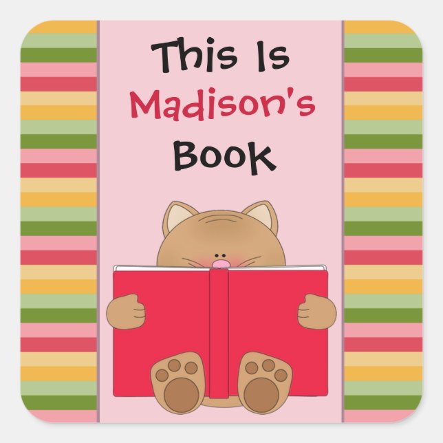 Cute Cat And Book Children's Bookplate Square Sticker (Front)