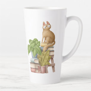 Cute Cat and Book Stacks Latte Mug