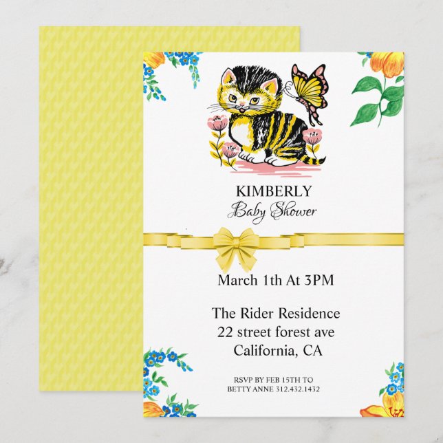 Cute Cat And Butterfly Baby Shower Invitation (Front/Back)