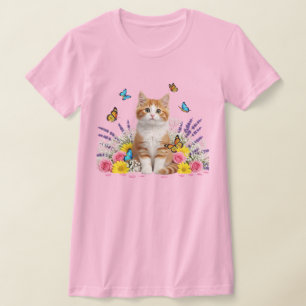 Cute Cat and Butterfly Floral T-Shirt