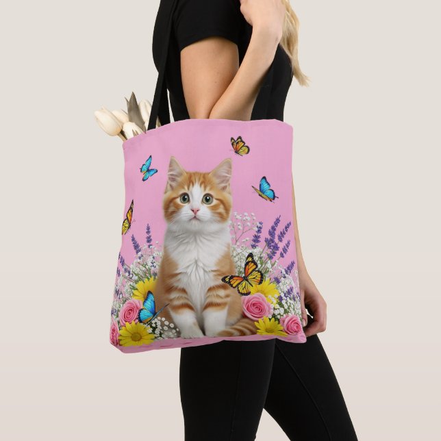 Cute Cat and Butterfly Tote Bag (Close Up)