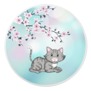 Cute Cat and Cherry Blossoms Turquoise Girls Ceramic Knob