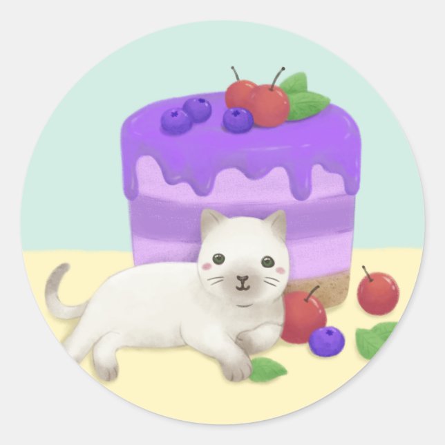 Cute Cat and Dessert Illustration Art Classic Round Sticker (Front)