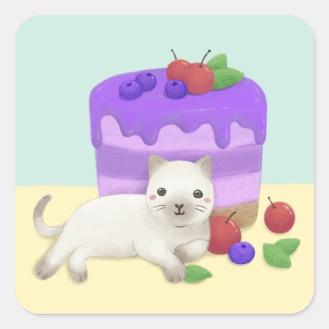 Cute Cat and Dessert Illustration Art Square Sticker (Front)