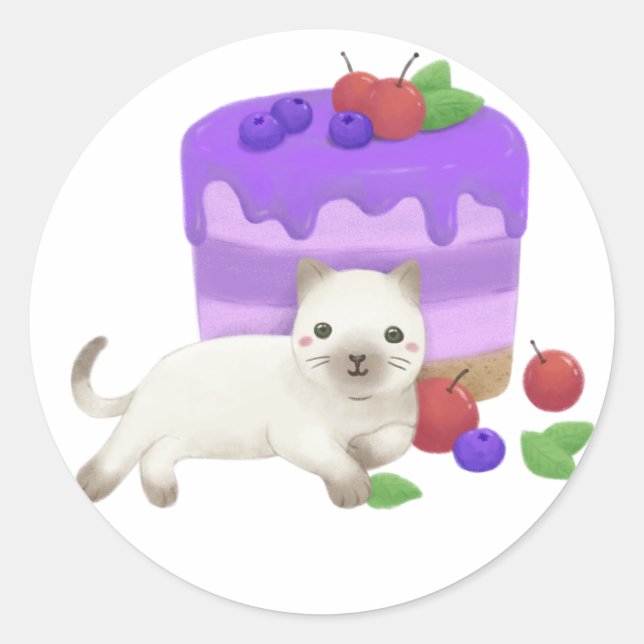 Cute Cat and Dessert Illustration Classic Round Sticker (Front)