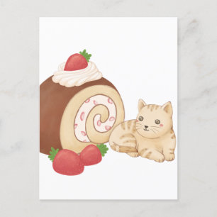 Cute Cat and Dessert Illustration Postcard