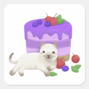 Cute Cat and Dessert Illustration Square Sticker