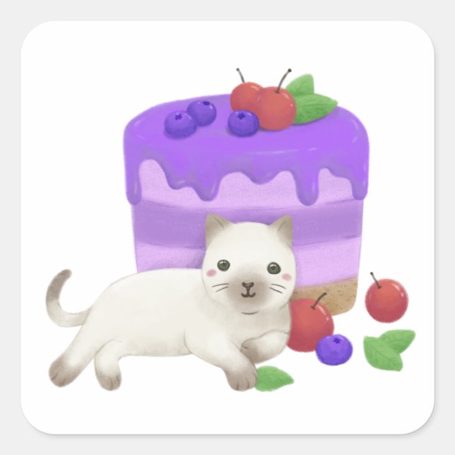 Cute Cat and Dessert Illustration Square Sticker (Front)