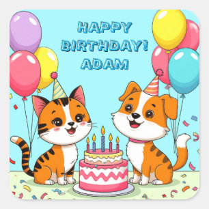 Cute Cat And Dog Birthday Party Celebration Fun 🎉 Square Sticker