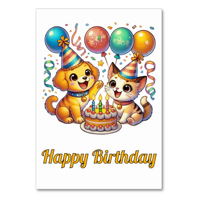  Cute Cat and Dog Birthday Party Table Number (Front)