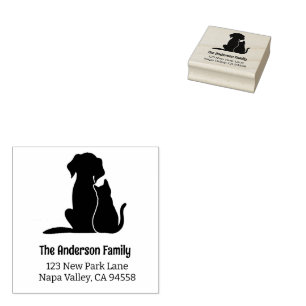 Cute Cat and Dog - Family Name and Return Address Rubber Stamp