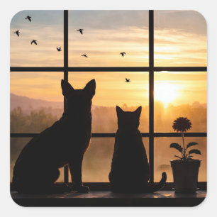 Cute Cat and Dog Flowerpot Window Square Sticker