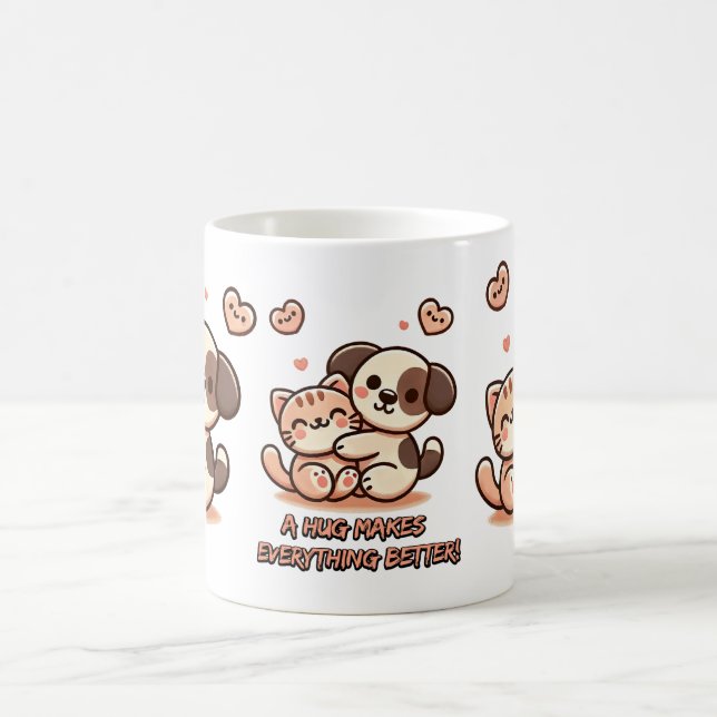 Cute Cat and Dog Hug - Adorable Friendship Mug (Center)