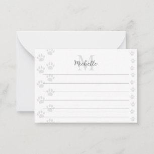 Cute Cat and Dog Pet Paw Prints Lined Monogram Card