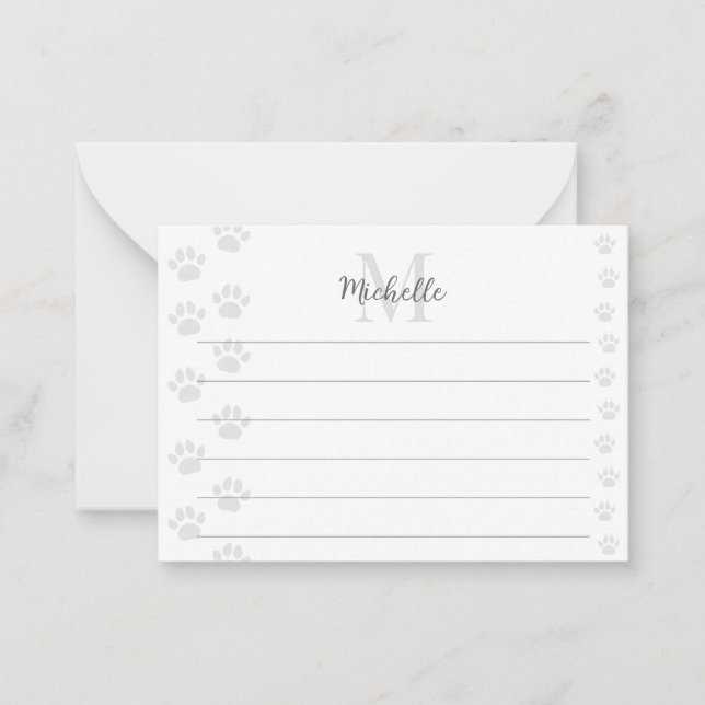 Cute Cat and Dog Pet Paw Prints Lined Monogram Card (Front)