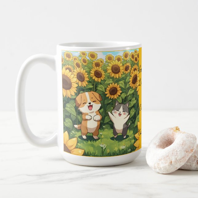Cute Cat and Dog Sunflower Field Mug (With Donut)