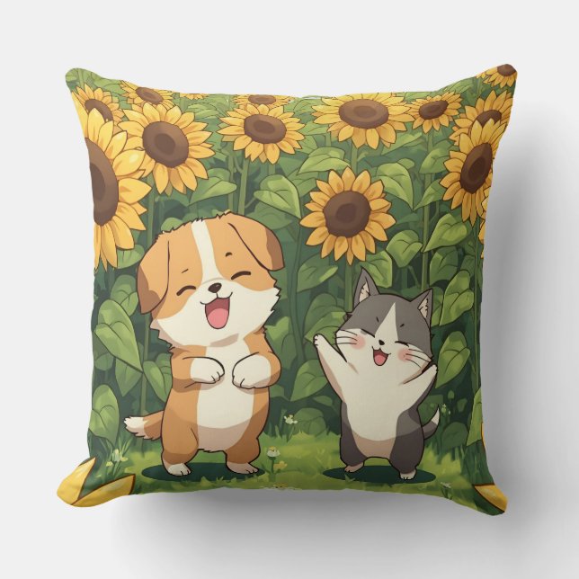 Cute Cat and Dog Sunflower Throw Pillow (Front)