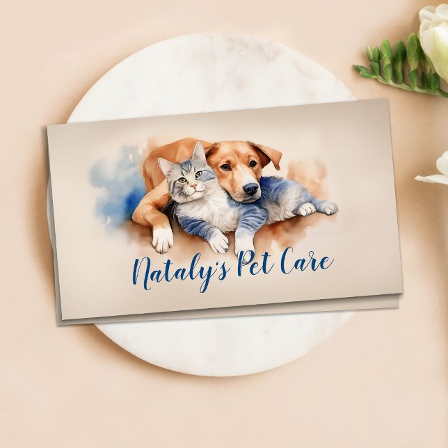 Cute Cat and Dog Watercolor Illustration Business Card (Creator Uploaded)